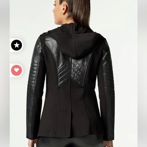 Blanc Noir Hooded Blazer Jacket Faux Leather Accents with Button Front Medium